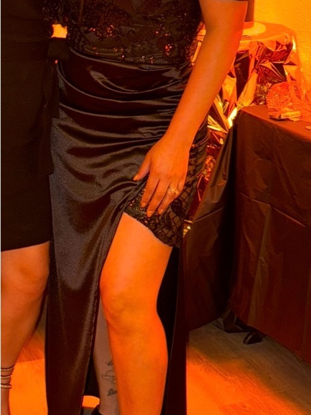 Satin Black High-Low Evening Skirt with Lace Panel